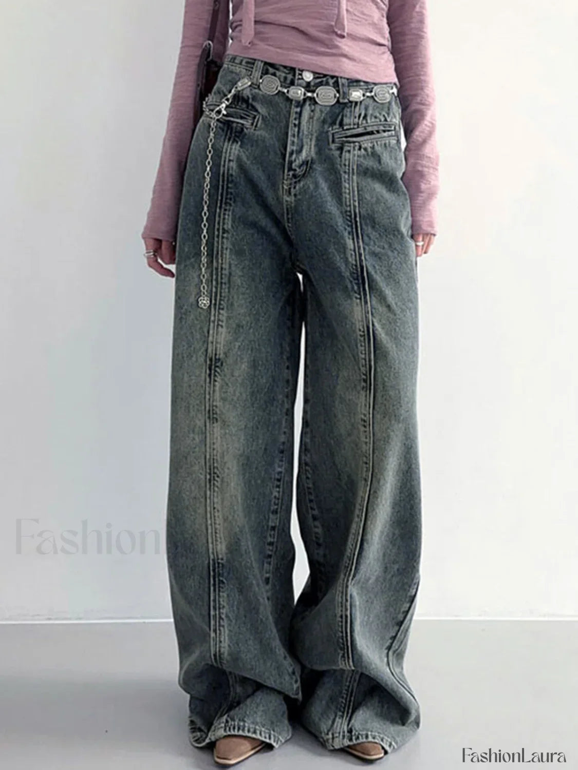 Center Stripe Wide Trendy Leg Jeans Without Belt