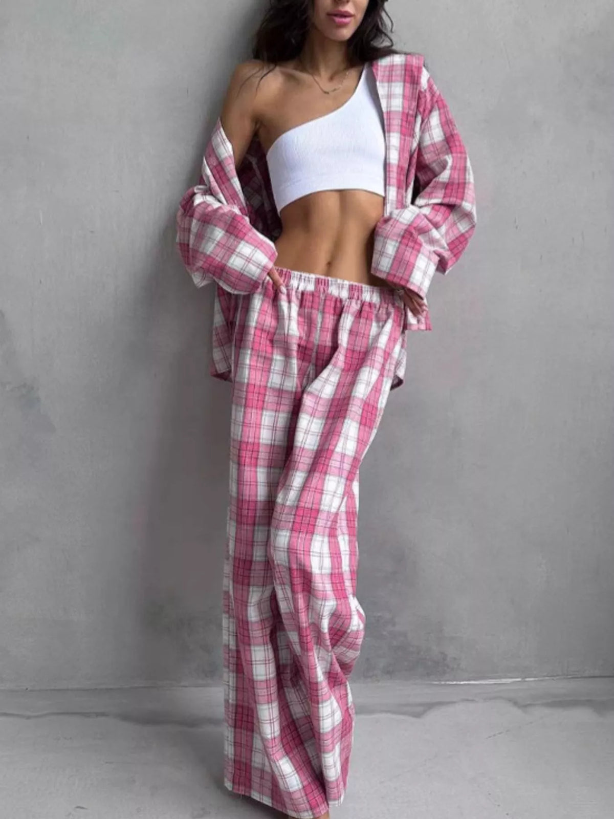 Plaid Long Sleeve Shirt and Elastic Waist Wide Leg Pants Two Piece Set