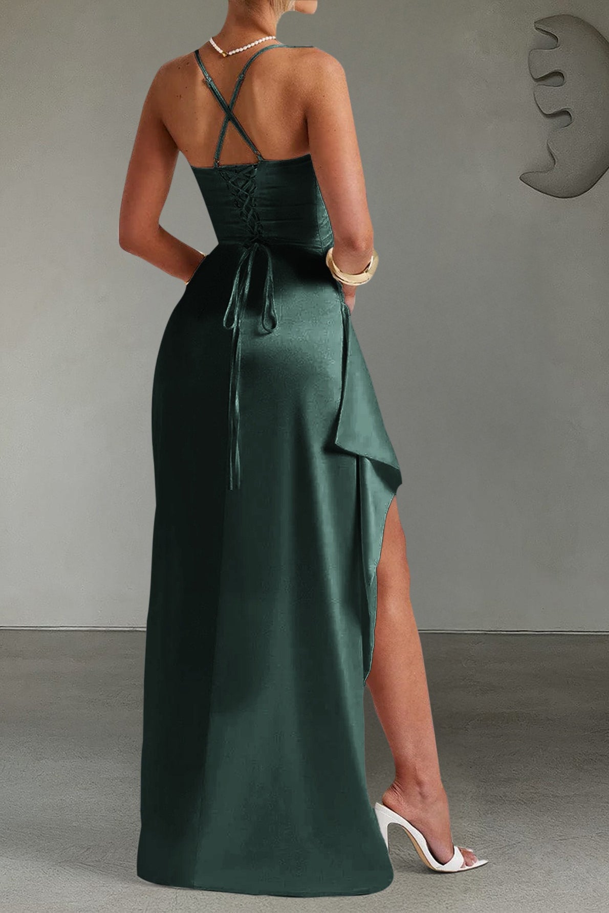 Satin Spaghetti Strap Cowl Neck Ruched High Split Drape Maxi Gown