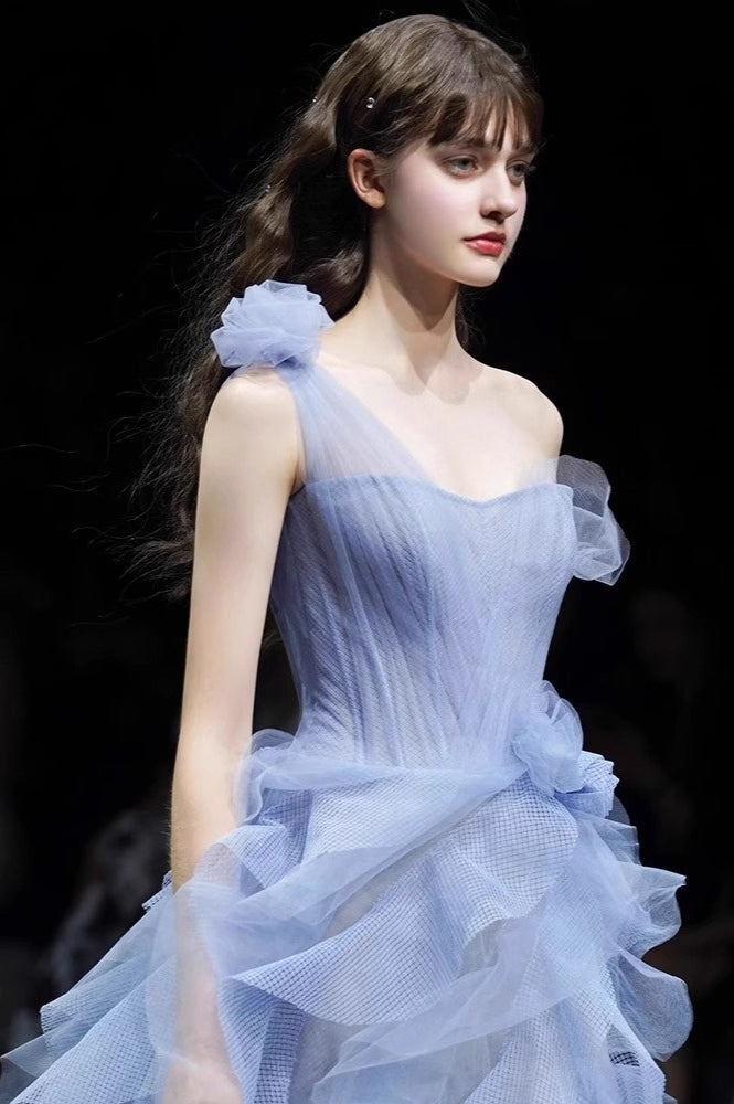 Tulle One Shoulder Bustier Tiered Ruffle Gown