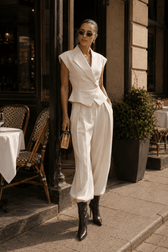 Cinched Sleeveless Vest High Waist Wide Leg Work Set