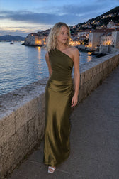 Solid Asymmetric Neckline Sleeveless Formal Dress