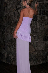 Cowl Neck Strapless Ruffle Slit Prom Dress