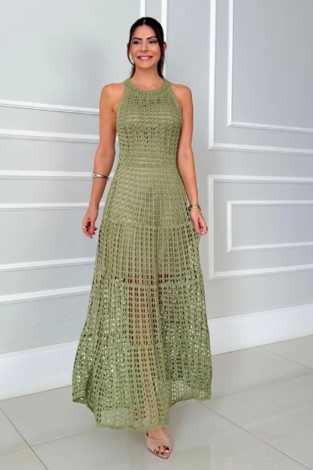Crochet Knit Halter Neck Sleeveless Tiered Maxi Dress