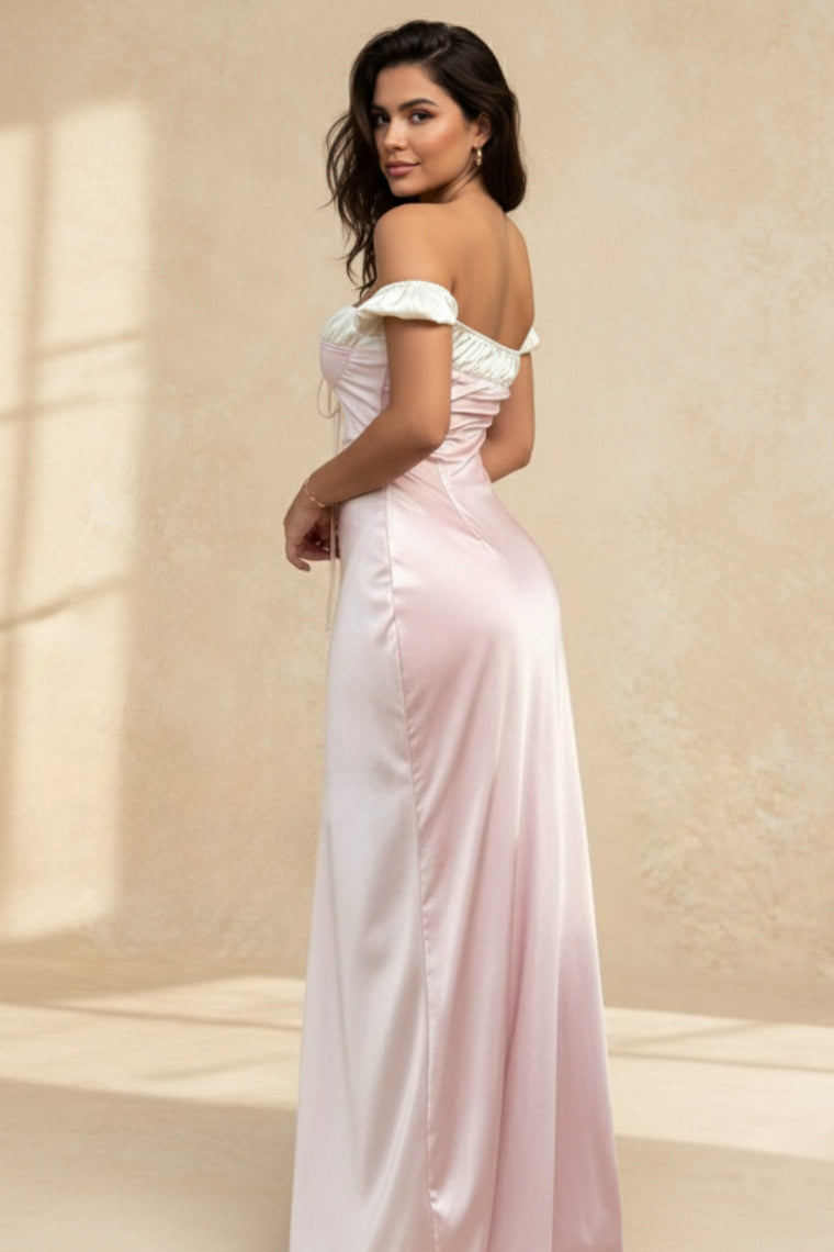 Pink Satin Ruched Charming Contrast Sleeve Dress