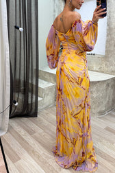 Sunset Serenade Printed Off Shoulder Diamond Maxi Dress - View 6