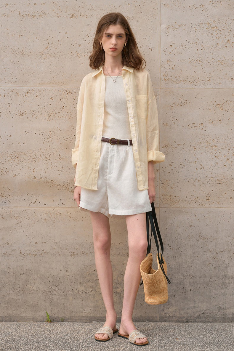 Elegant Sheer Linen Collared Long Sleeve Top