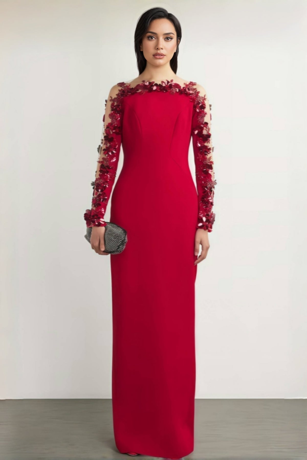 3D Floral Applique Sheer Mesh Long Sleeve Column Maxi Gown