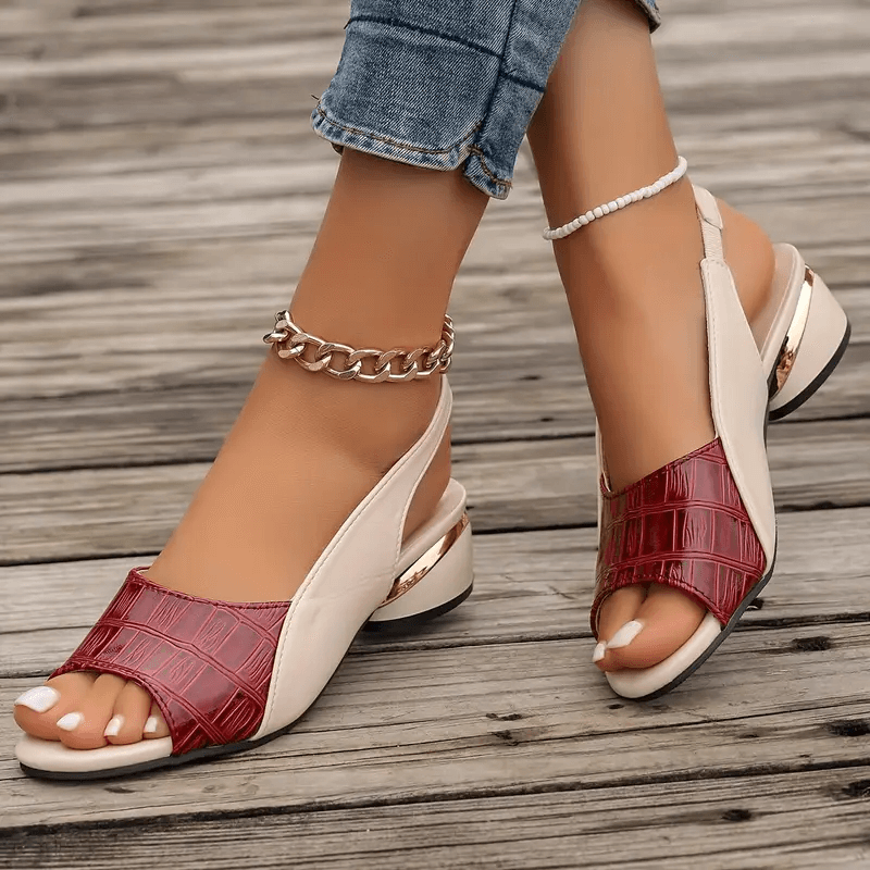 Open Toe Slingback Croc Embossed Block Heel Sandals