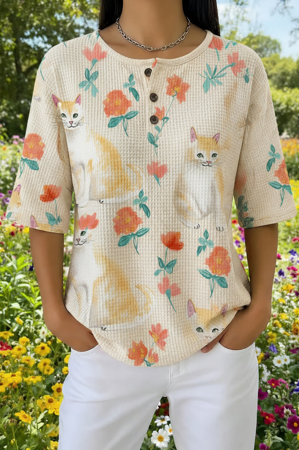 Womens Cream Floral Orange Cat Print Casual Henley Shirt