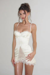 Satin Lace Ruffle Strapless Mini Dress