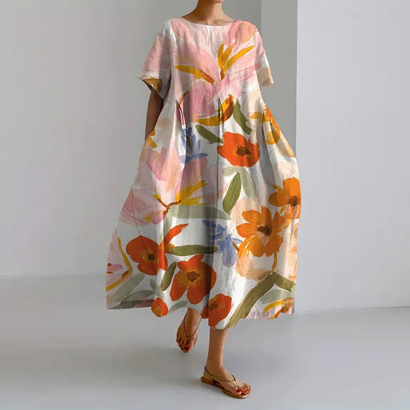 Floral Print Round Neck Short Sleeve Oversized Midi Dress