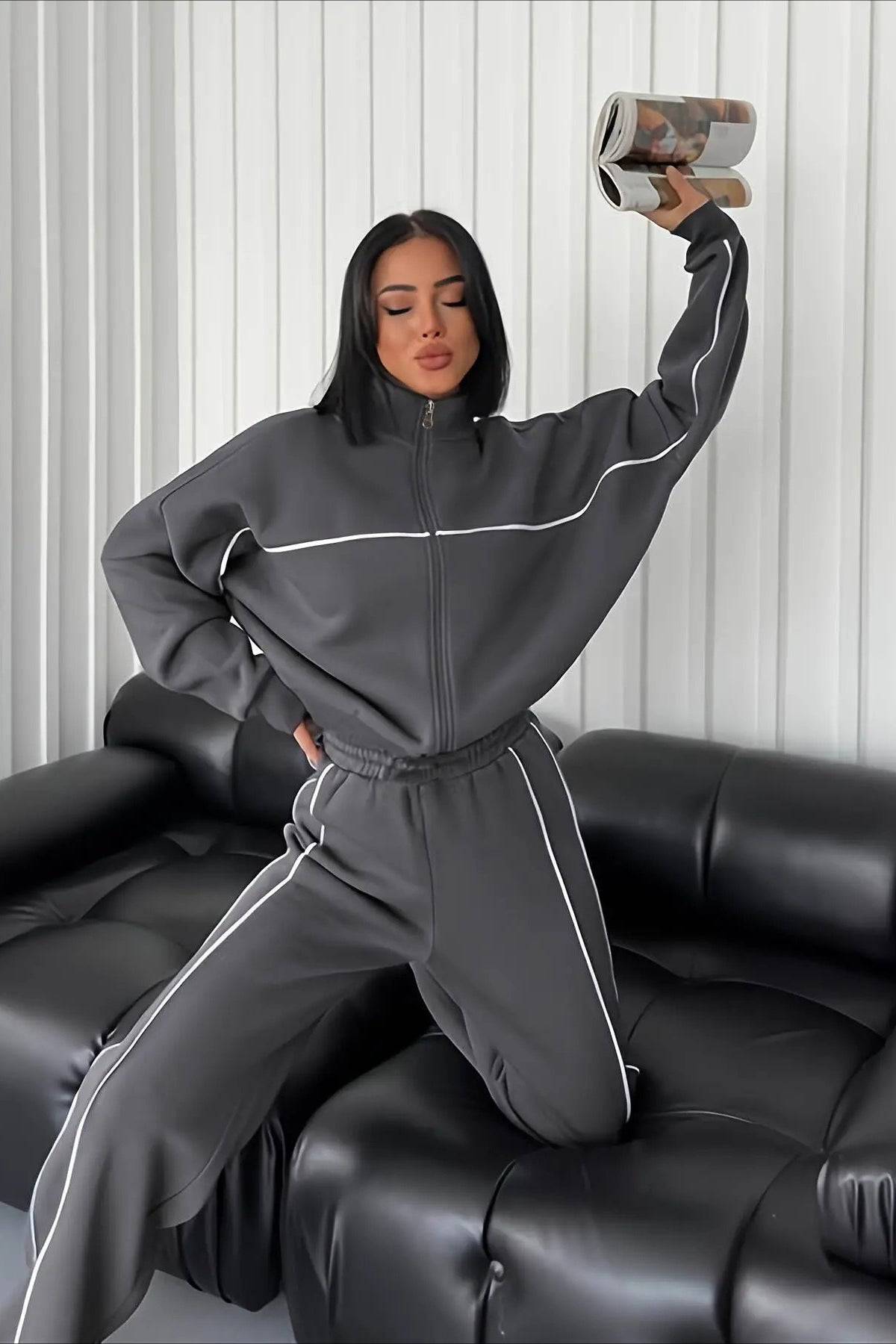 Stand Collar Contrast Piping Zip Jacket and Drawstring Wide Leg Pants Two Piece Set 5