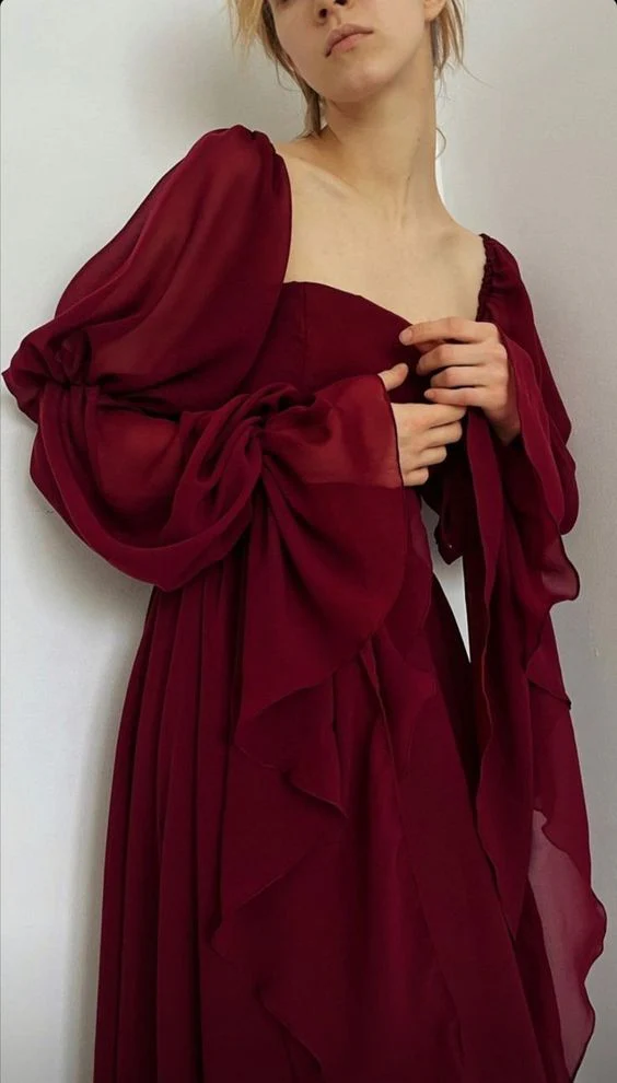 Vintage Burgundy Long A Line Prom Dress Romantic Evening Dress Party Gown cc1527