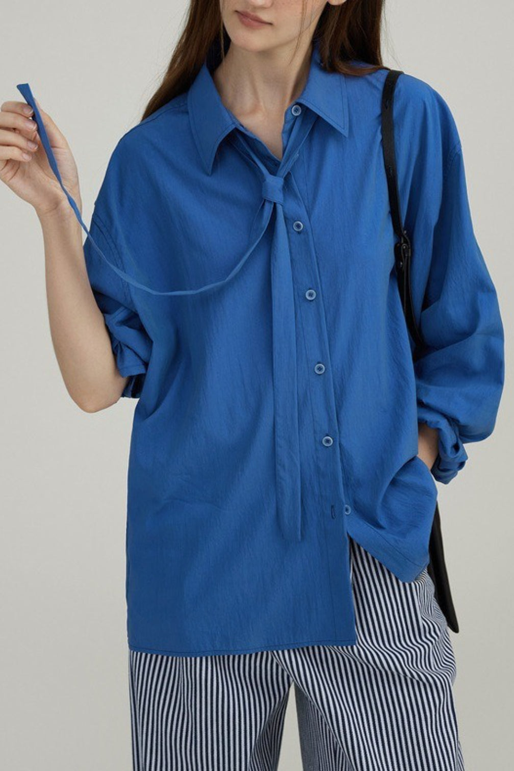 Oversized Collared Long Sleeve Button Front Tie Neck Shirt 2