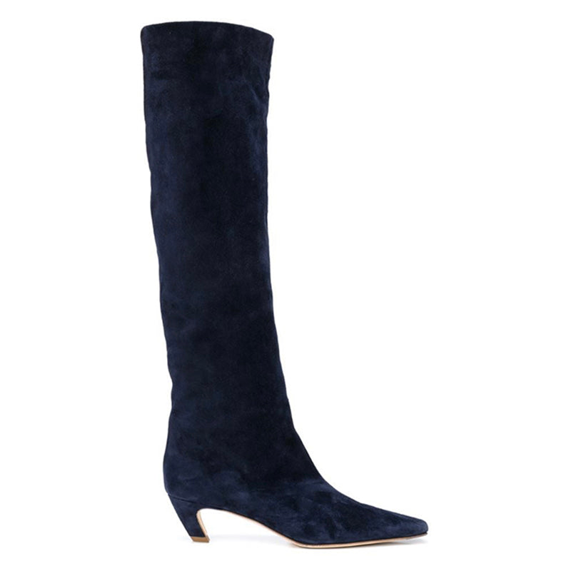 Kitten Heel Wide-Shaft Boots In Black/Brown/ Blue Stretch Velvet - Women Knee-high Boots