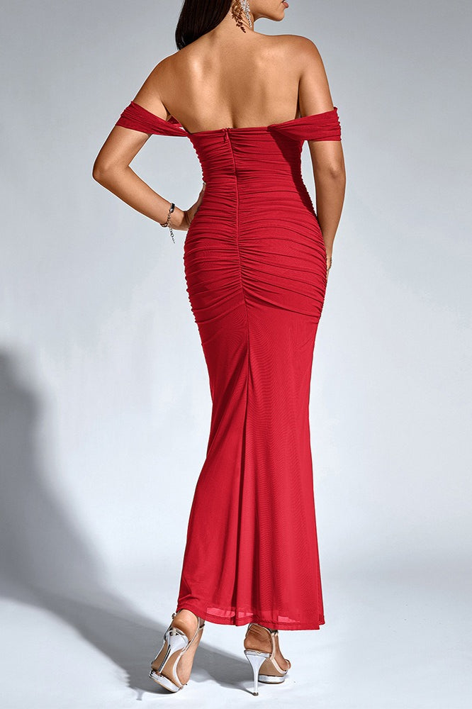 Off Shoulder Ruched Mesh Draped Neck Bodycon Maxi Dress 2