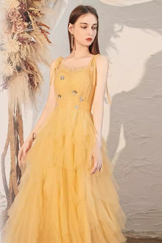 Tulle Spaghetti Strap Square Neck Tiered Ruffle Maxi Prom Dress
