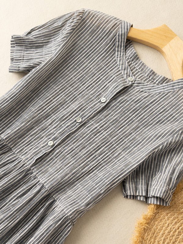 Pinstripe Print Round Neck Button Front Short Sleeve Gathered Waist Flared Midi Dress