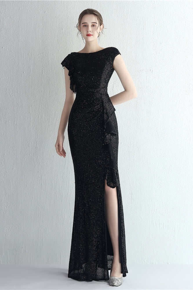 Sequin High Neck Cap Sleeve Ruffle High Split Mermaid Gown - View 25