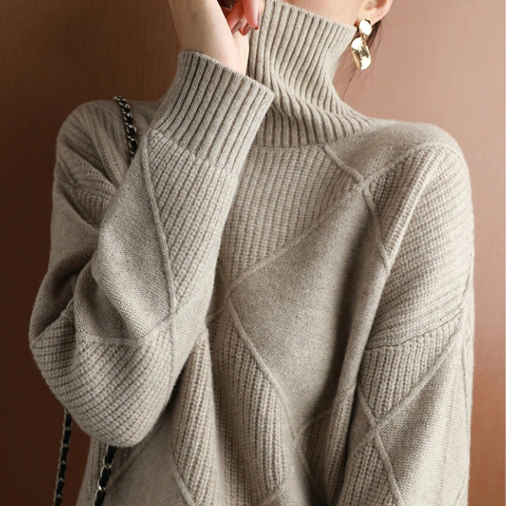 Turtleneck Long Sleeve Argyle Textured Knit Sweater
