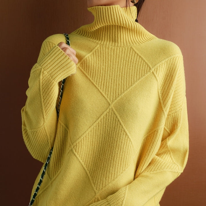 Turtleneck Long Sleeve Argyle Textured Knit Sweater