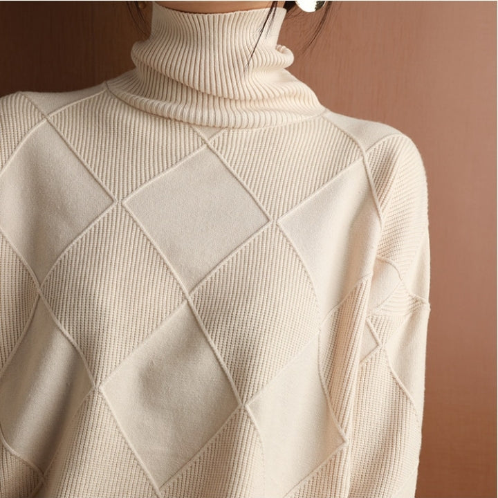 Turtleneck Long Sleeve Argyle Textured Knit Sweater