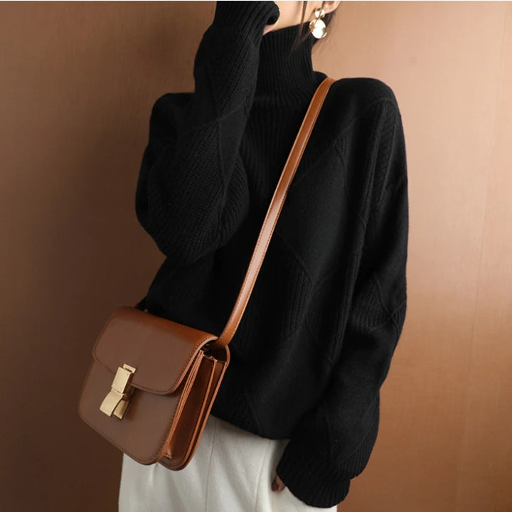 Turtleneck Long Sleeve Argyle Textured Knit Sweater