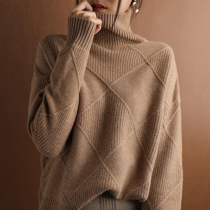Turtleneck Long Sleeve Argyle Textured Knit Sweater