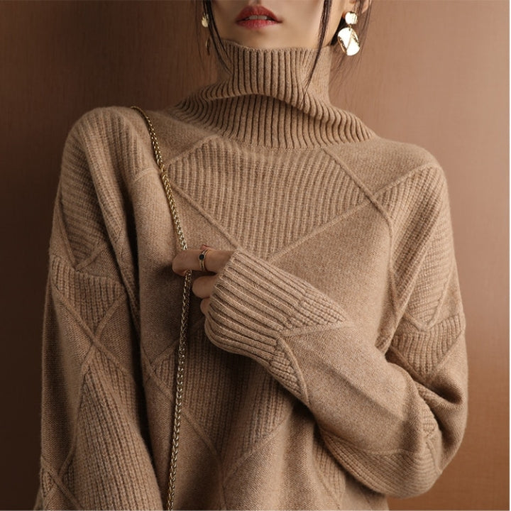 Turtleneck Long Sleeve Argyle Textured Knit Sweater