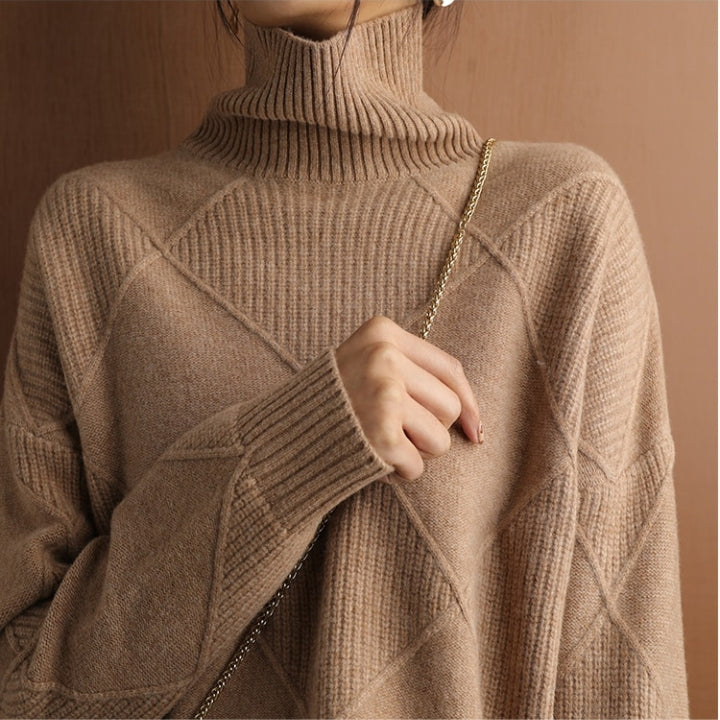 Turtleneck Long Sleeve Argyle Textured Knit Sweater