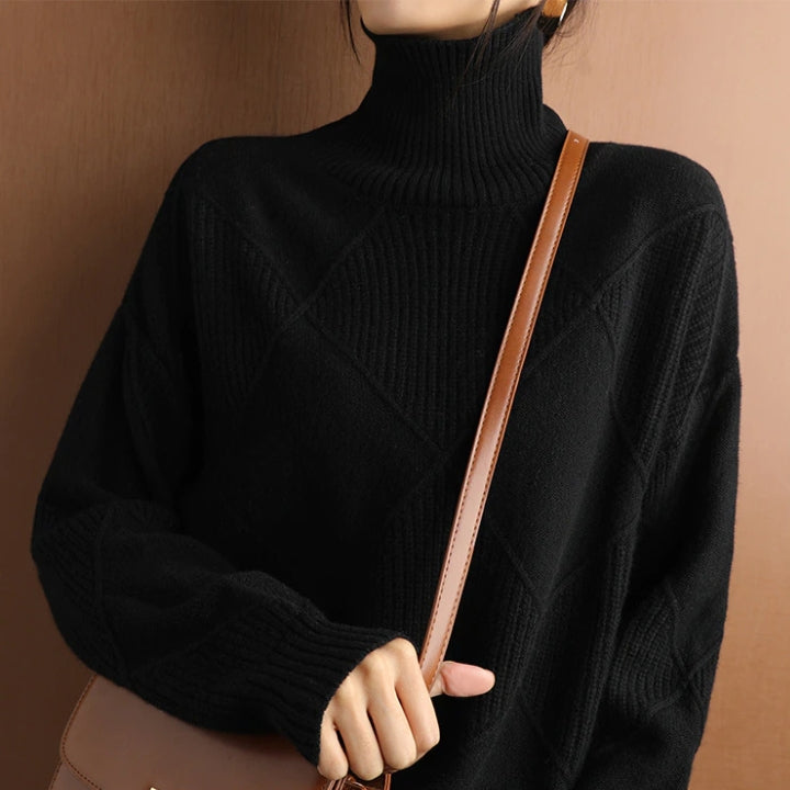 Turtleneck Long Sleeve Argyle Textured Knit Sweater