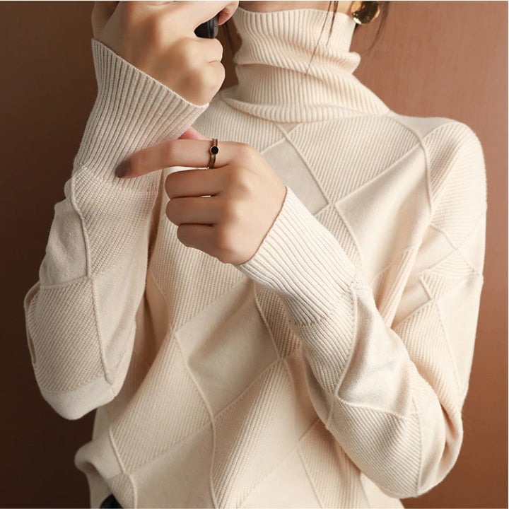 Turtleneck Long Sleeve Argyle Textured Knit Sweater