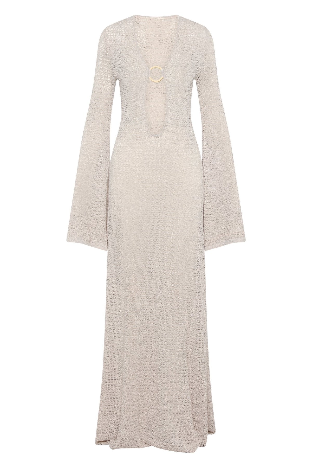 Crochet Knit Deep V-Neck Ring Cut Out Bell Sleeve High Split Maxi Dress 7
