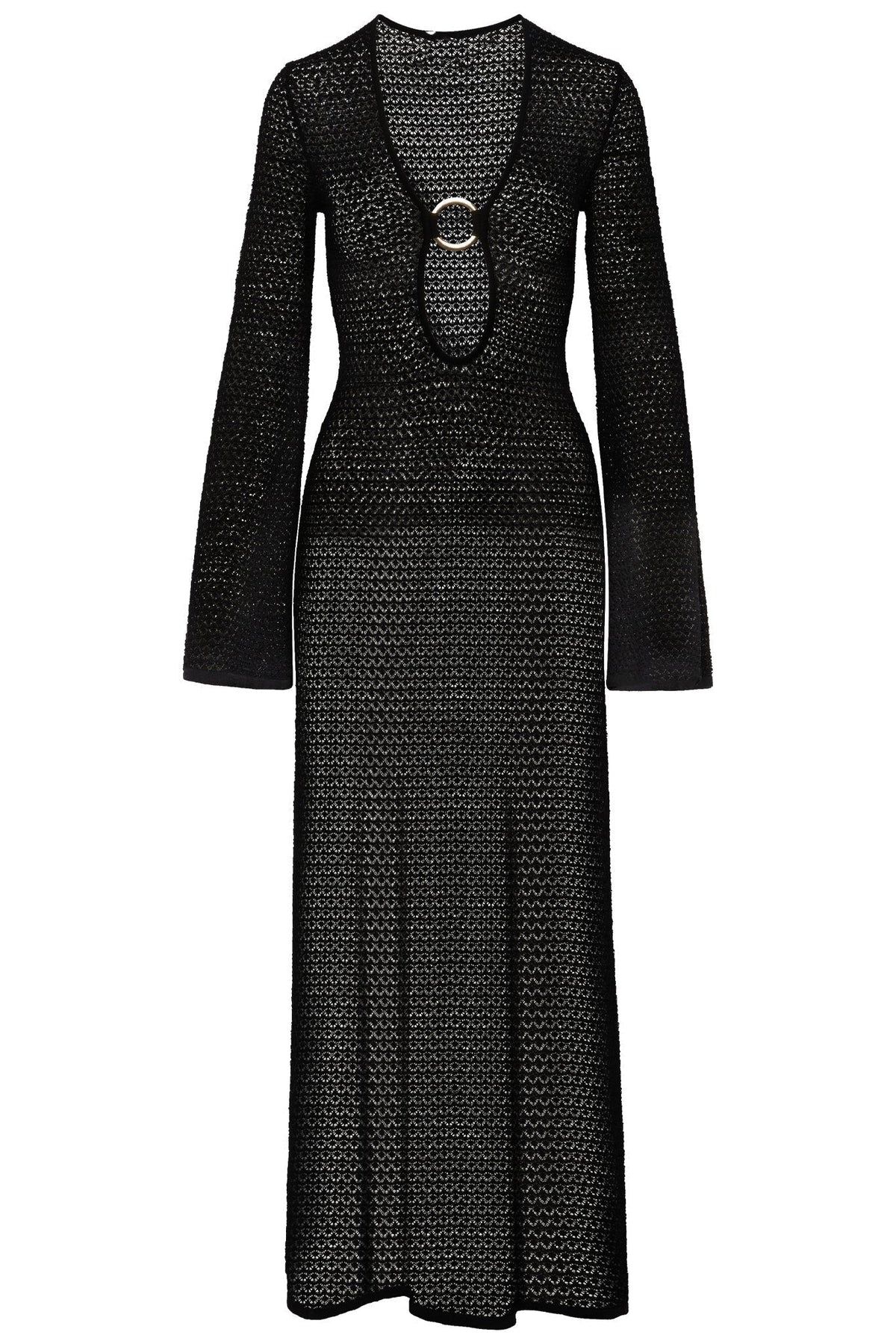 Crochet Knit Deep V-Neck Ring Cut Out Bell Sleeve High Split Maxi Dress 12