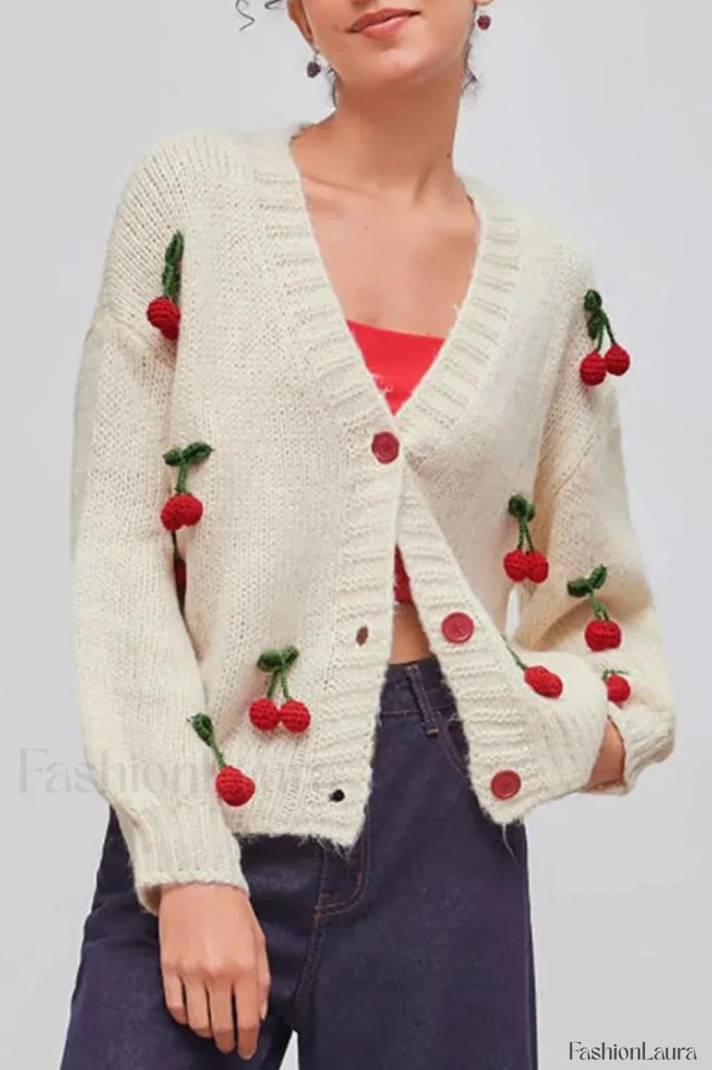 Cherry Embroidered Knit Cardigan Sweater