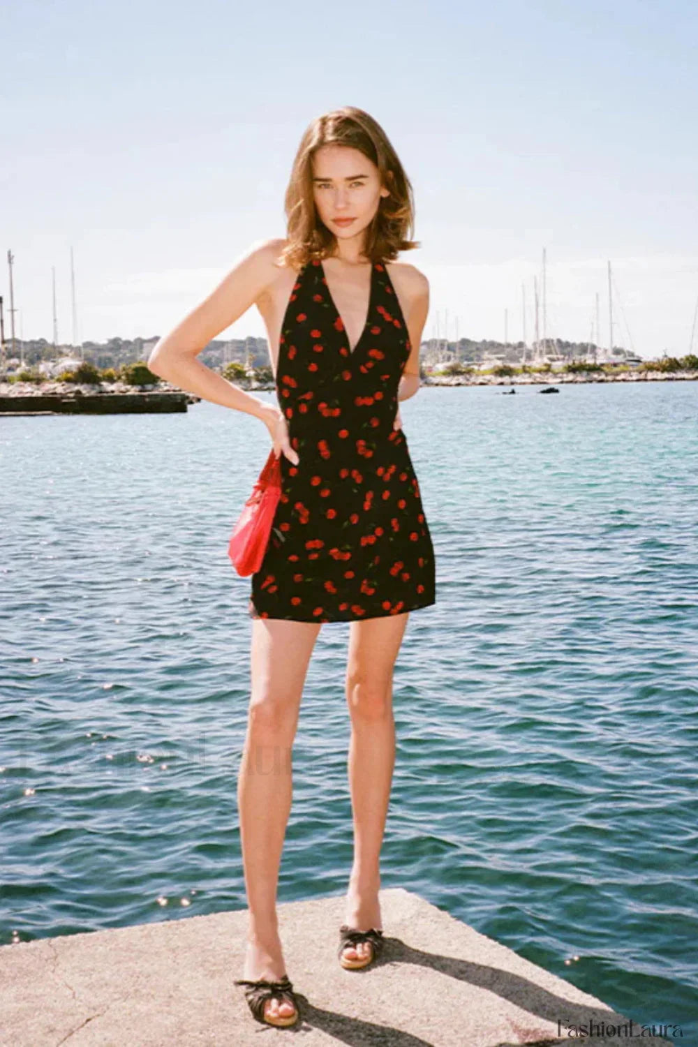 Cherry Print Deep V Halter Strap Neck Mini Dress
