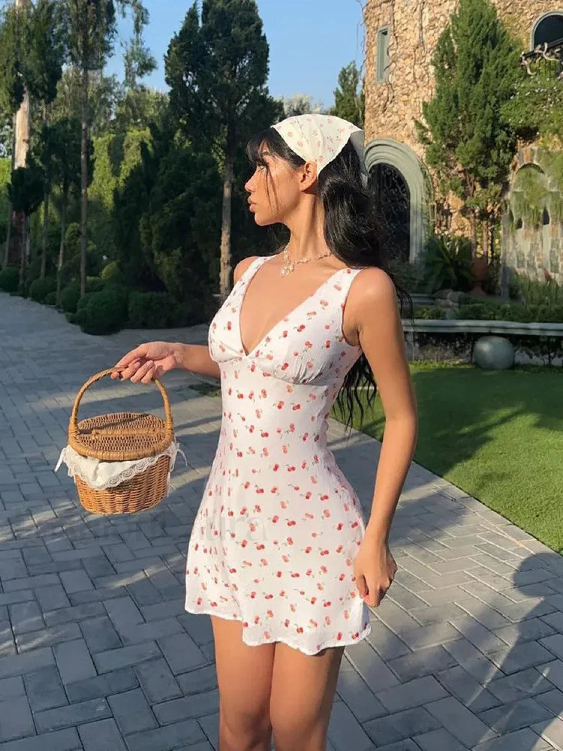 Cherry Print Draped Mini Dress