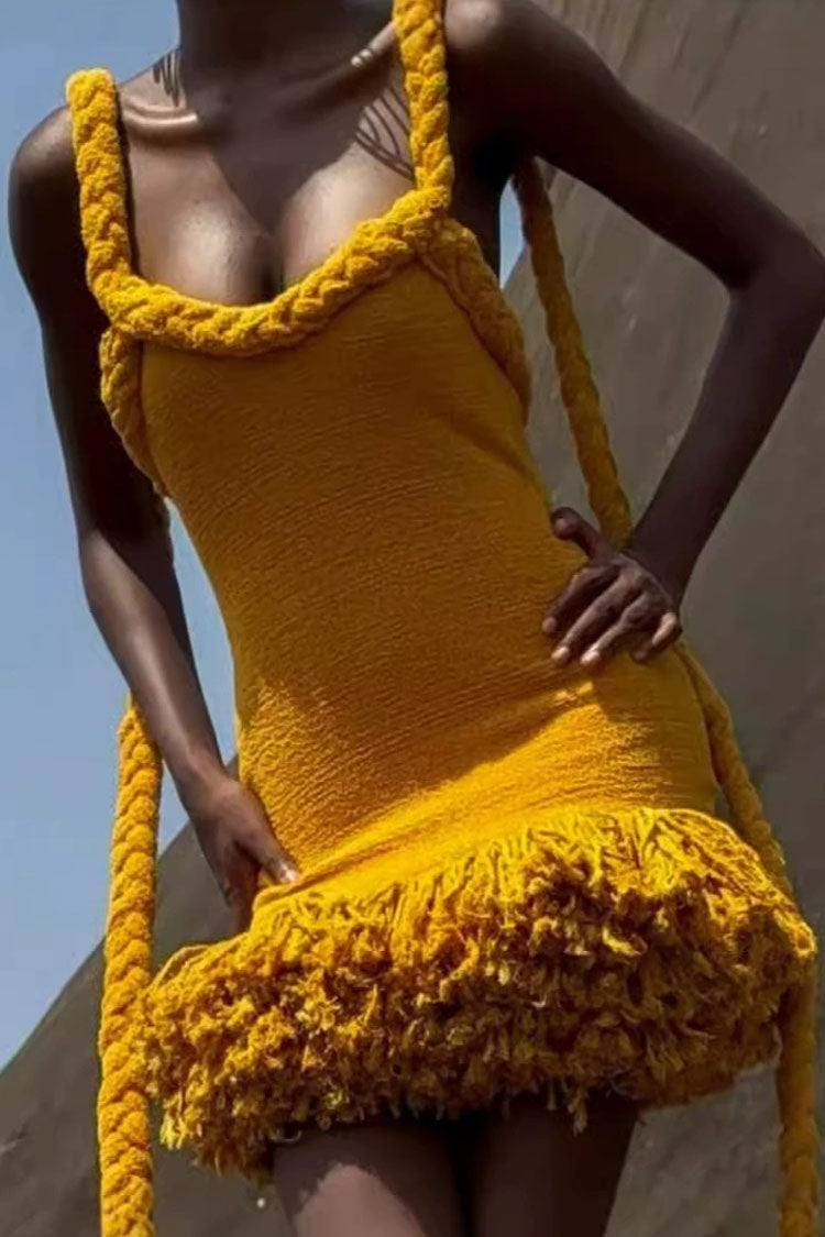 Chic Braided Rope Halter Tie Tassel Hem Bodycon Vacation Mini Dress