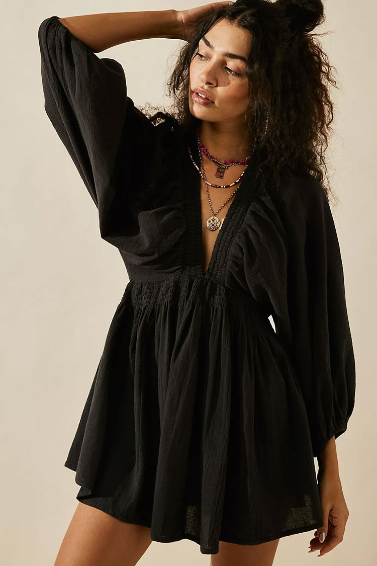 Chic Deep V Balloon Sleeve Scrunch Empire Waist Babydoll Beach Vacation Mini Dress