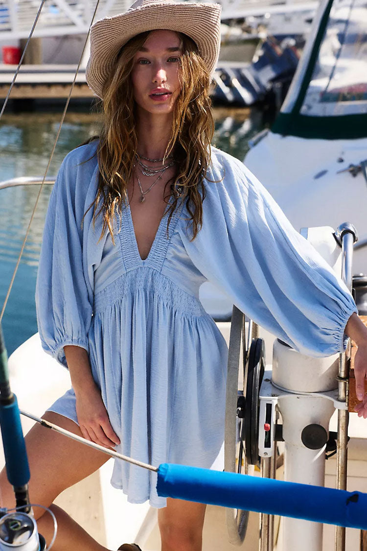 Chic Deep V Balloon Sleeve Scrunch Empire Waist Babydoll Beach Vacation Mini Dress