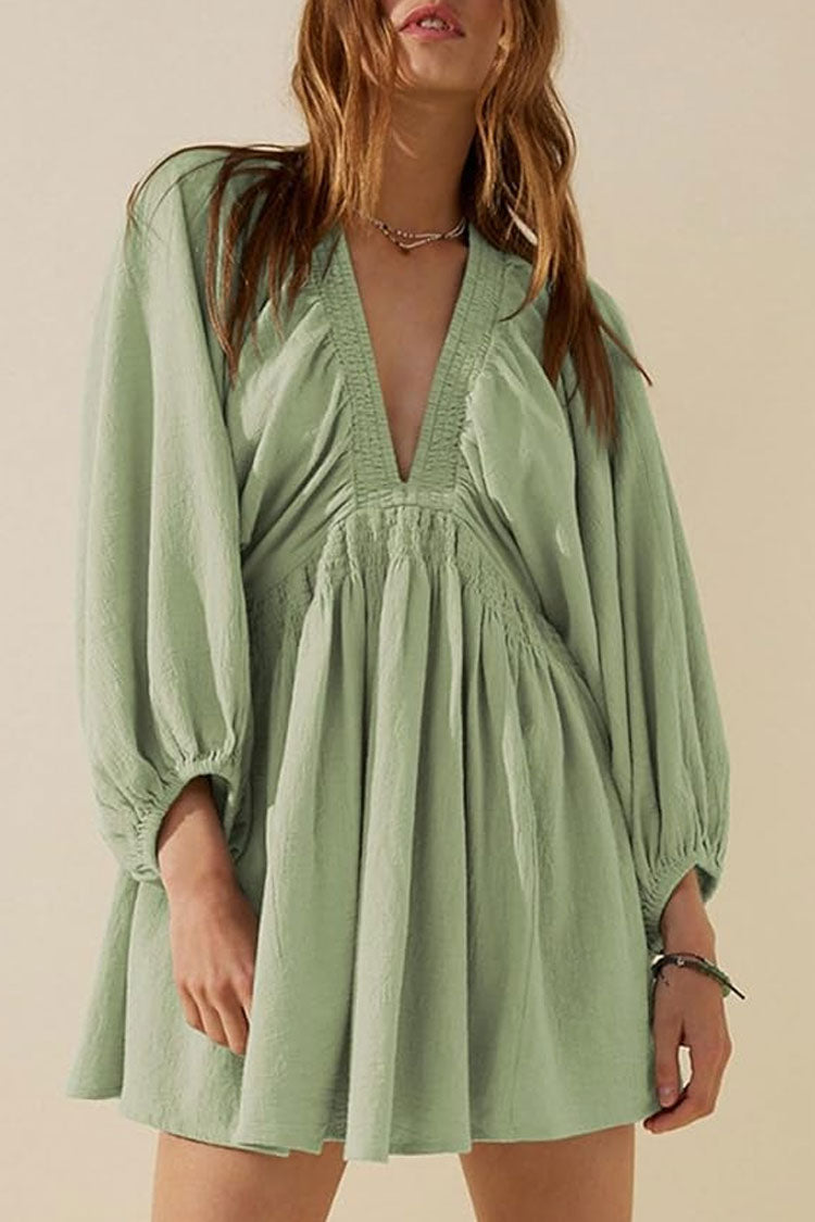 Chic Deep V Balloon Sleeve Scrunch Empire Waist Babydoll Beach Vacation Mini Dress