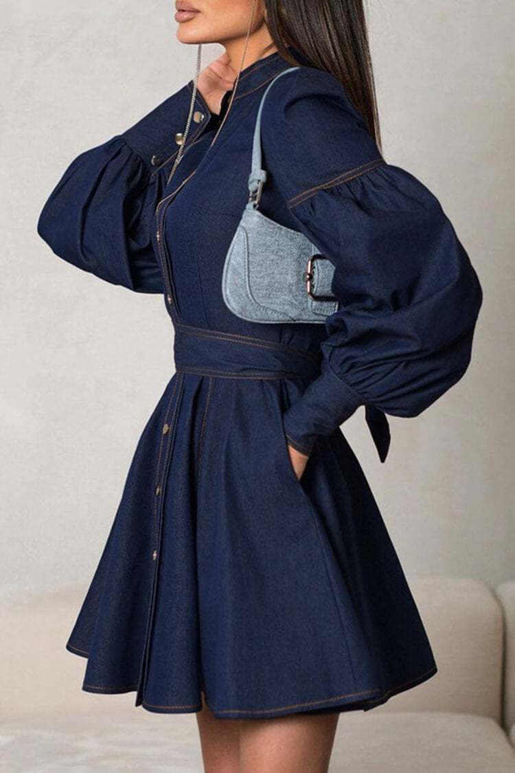 Chic Mock Neck Balloon Sleeve Button Up Belted Pocketed Denim Mini Dress