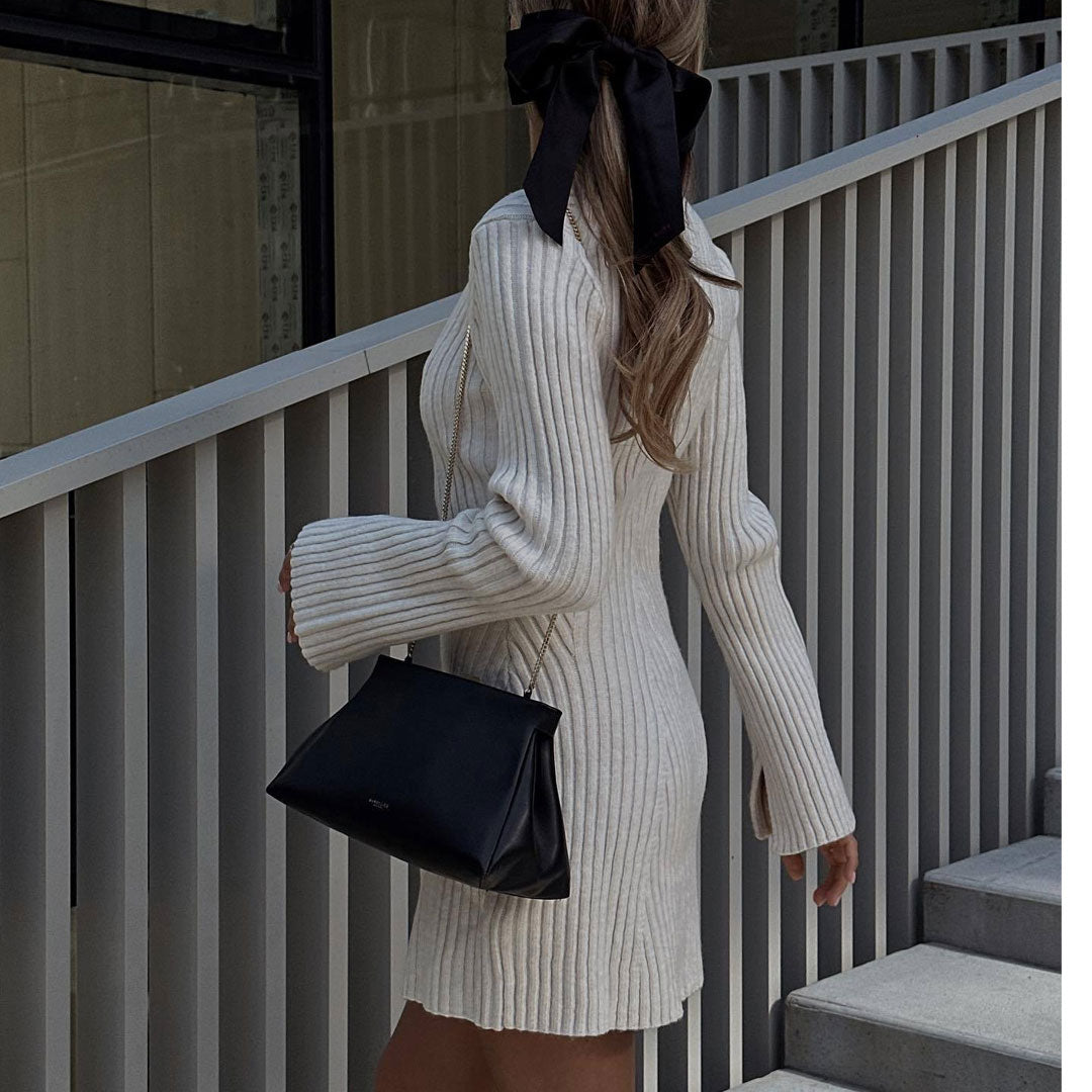 Chic Solid Crew Neck Long Sleeve Ribbed Knit Mini Sweater Dress