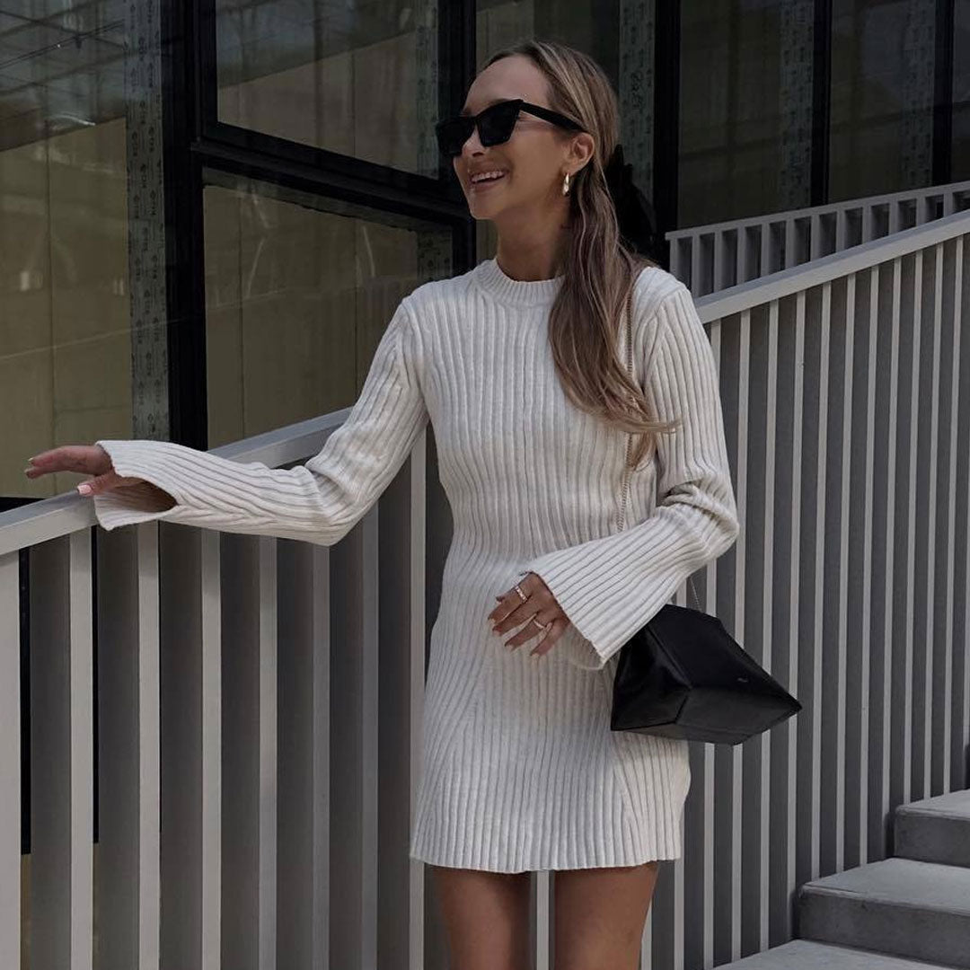 Chic Solid Crew Neck Long Sleeve Ribbed Knit Mini Sweater Dress