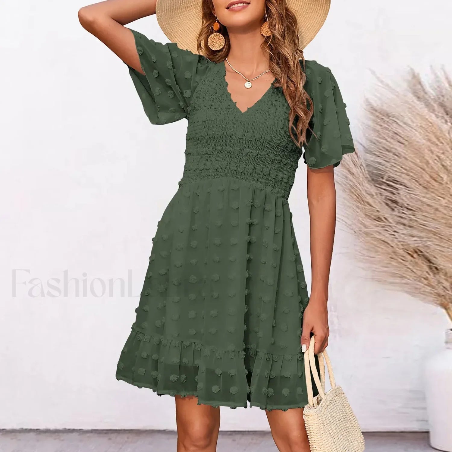 Chiffon Smocked Fur Ball Point Short Sleeve Holiday Beach A-line 2024 Summer Female Sun Mini Dress