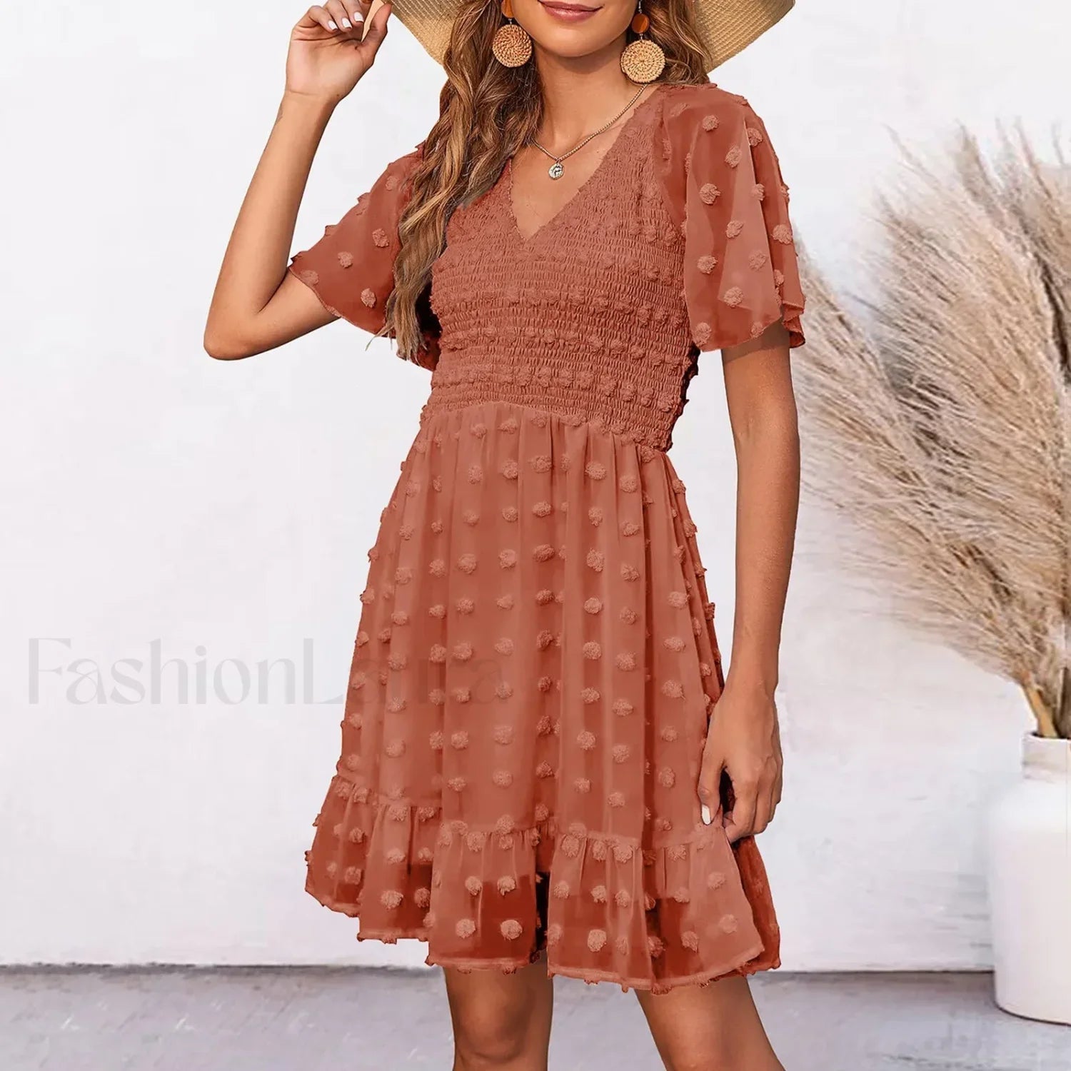 Chiffon Smocked Fur Ball Point Short Sleeve Holiday Beach A line 2024 Summer Female Sun Mini Dress Ginger / S