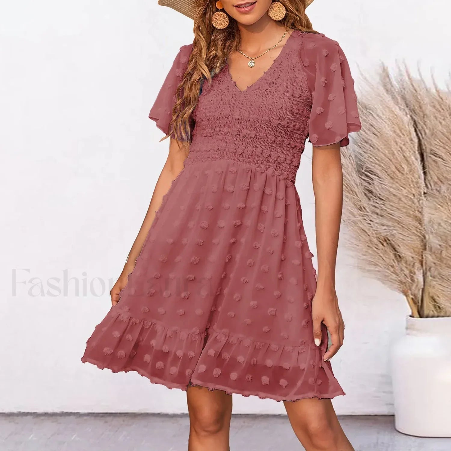 Chiffon Smocked Fur Ball Point Short Sleeve Holiday Beach A-line 2024 Summer Female Sun Mini Dress