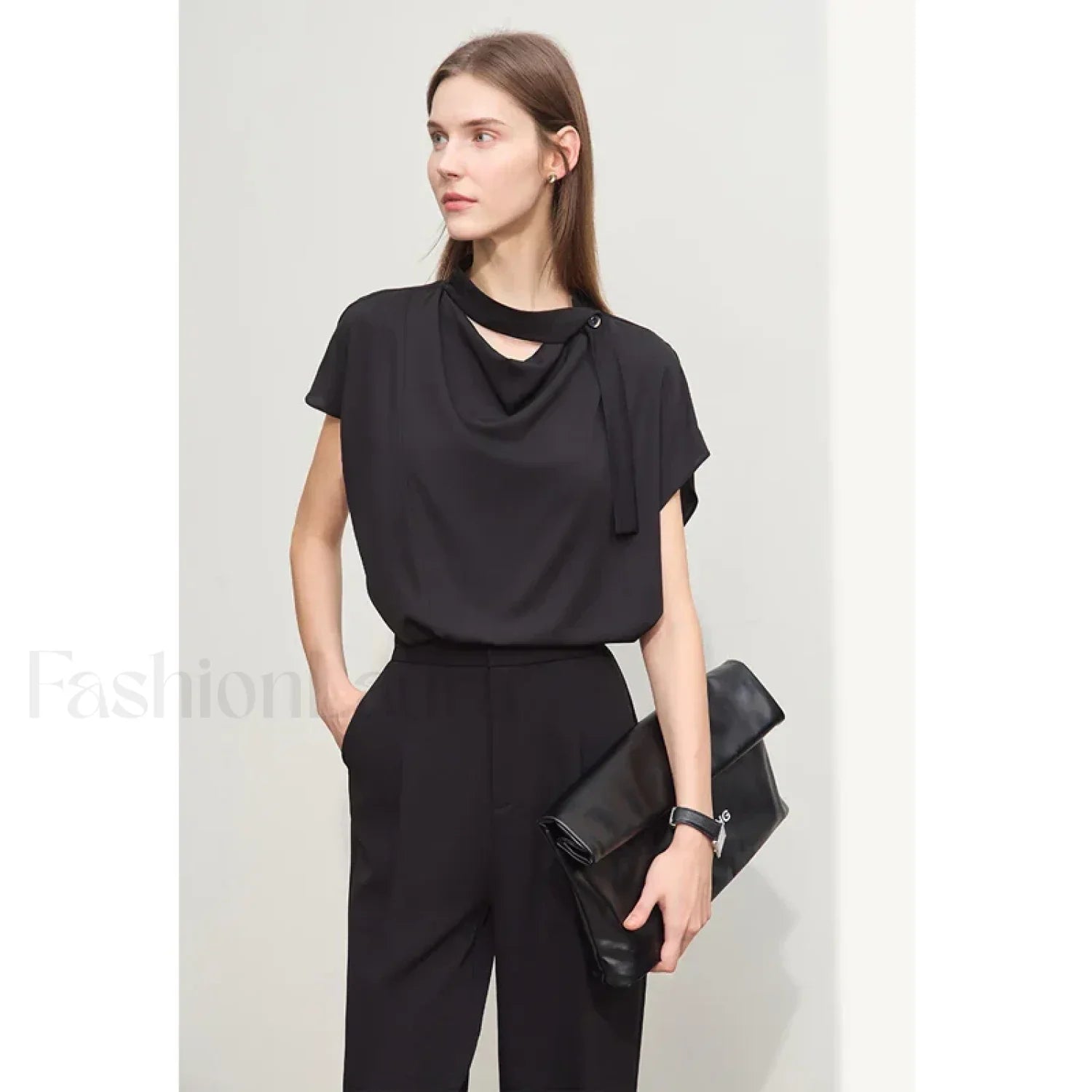 Chiffon Tie Neck Blouse T Shirt Black / S