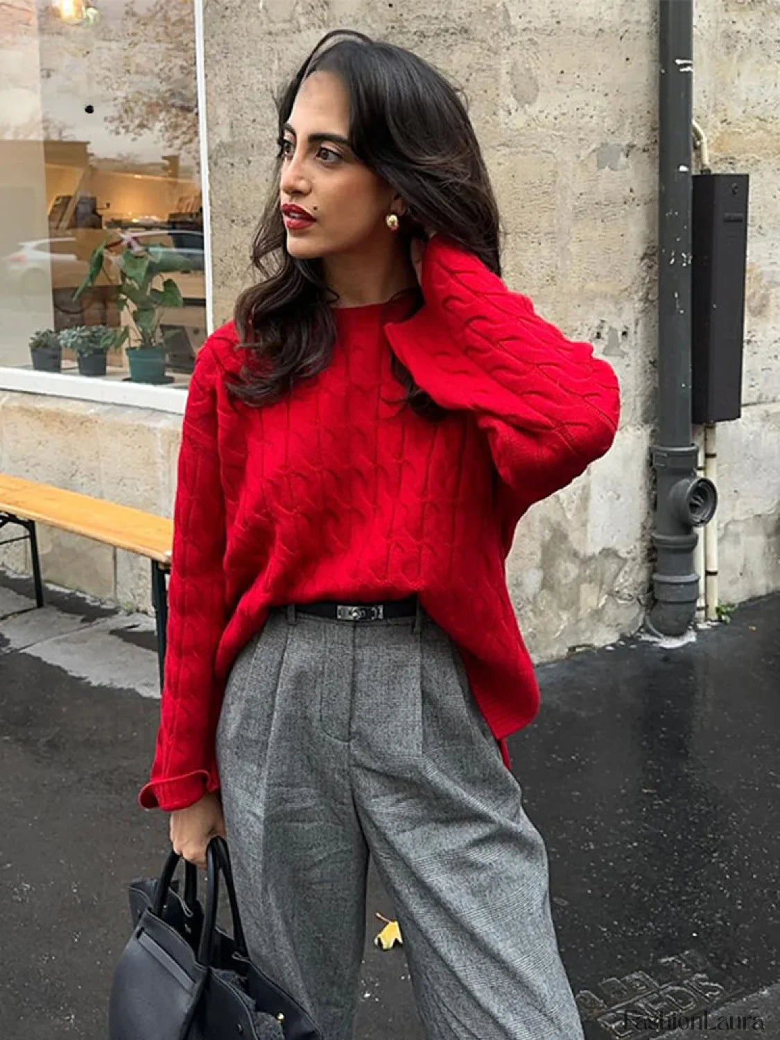 Christmas Sweater Lazy Twist O-Neck Long Sleeve Side Split Knitted